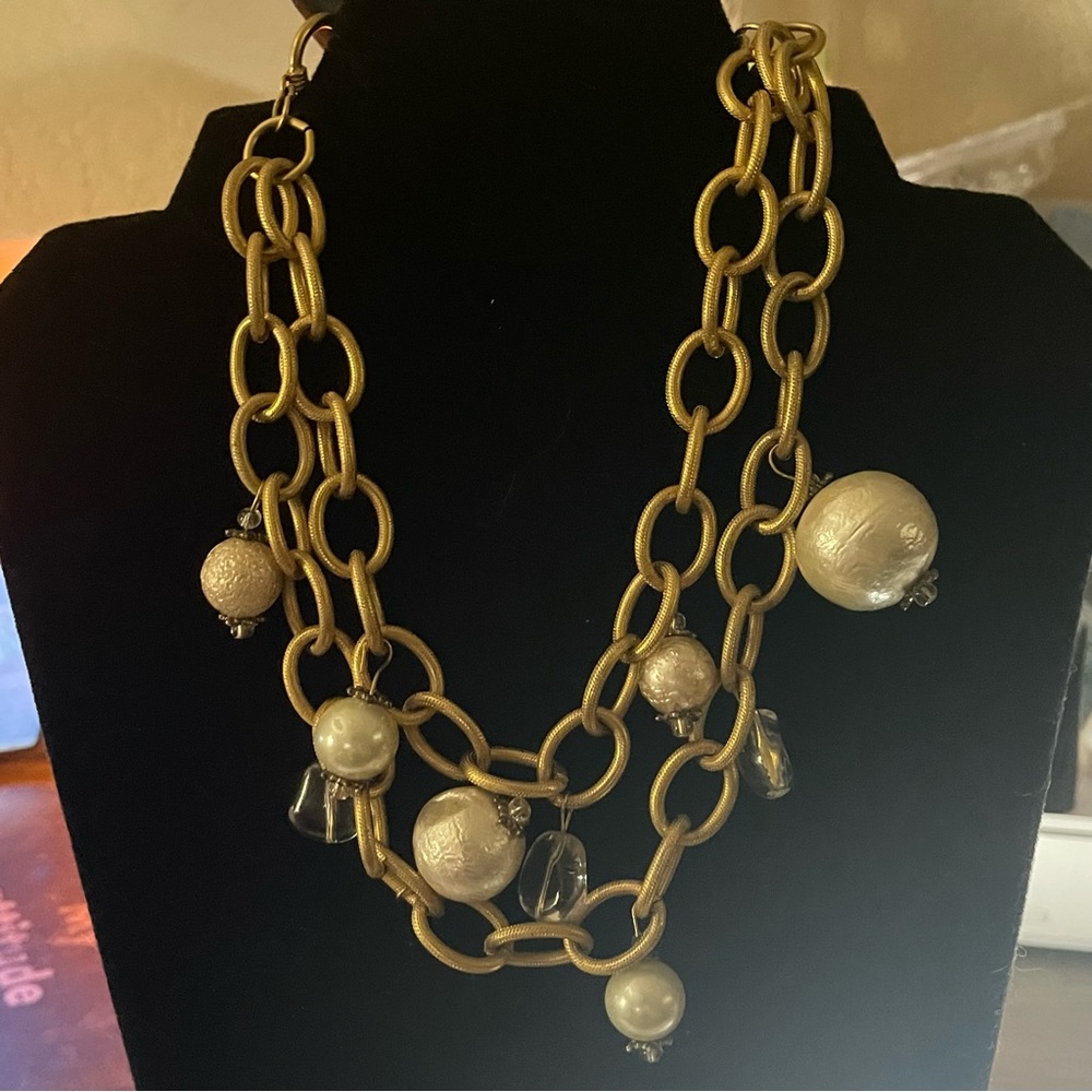 Vintage ANNE KLEIN Gold Plated Pearl Crystal Charm 2 Chain Tie Choker Necklace - Picture 4 of 14